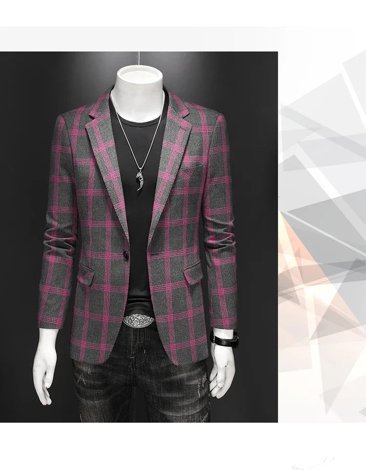 2025 Slim Fit Men's Casual Suit Handsome Fashion Plaid Blazer Polyester Business Wedding High-Quality Male Attire