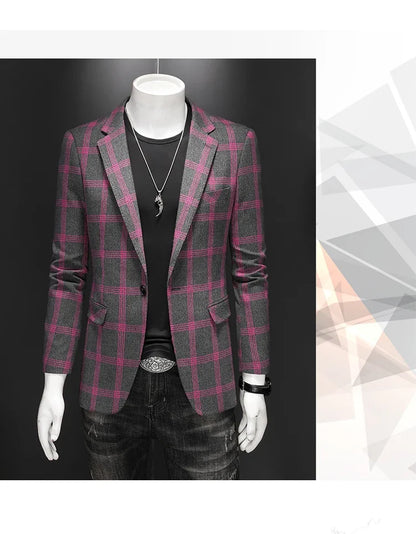2025 Slim Fit Men's Casual Suit Handsome Fashion Plaid Blazer Polyester Business Wedding High-Quality Male Attire