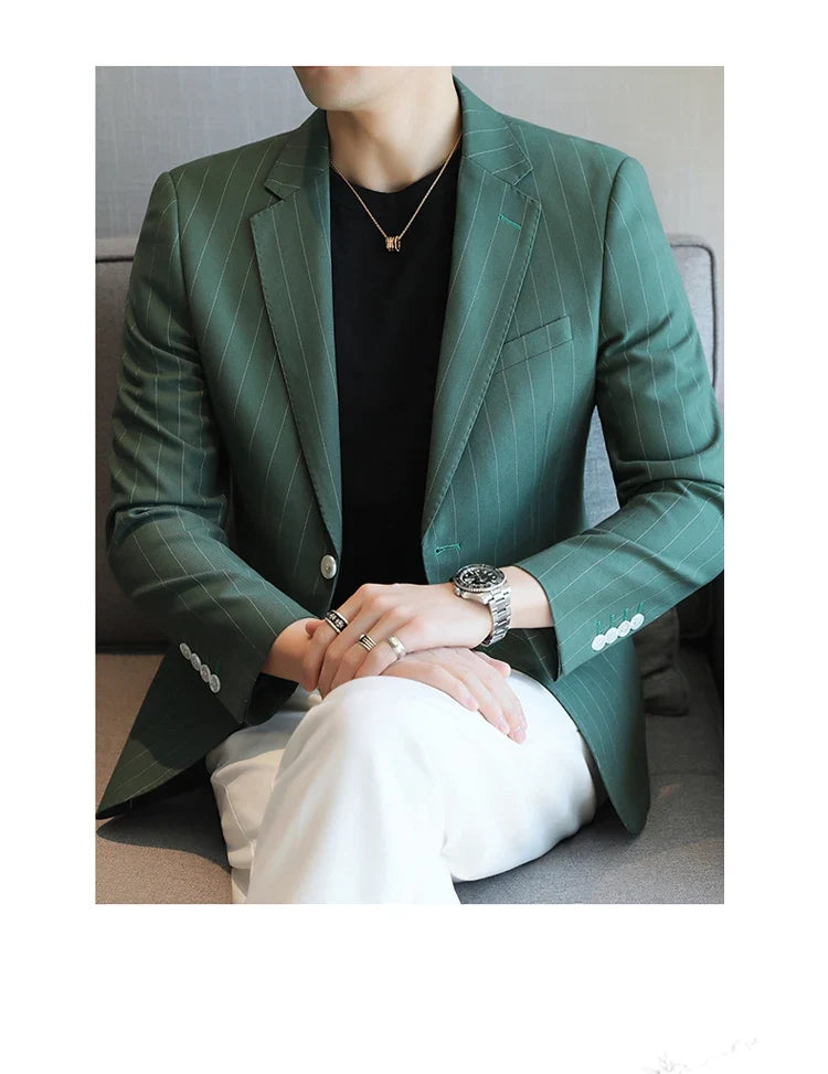 2026 Classic Striped Versatile Suit Jacket Men's Korean Fashion Casual Business Blazers Office Wedding Party Host Formal Jackets