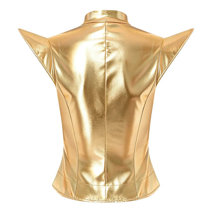 Womens Front Zipper Vest Tank Top Wet Look PU Leather Crop Top Metallic Glossy Rave Party Clubwear Costume Steampunk Waistcoat
