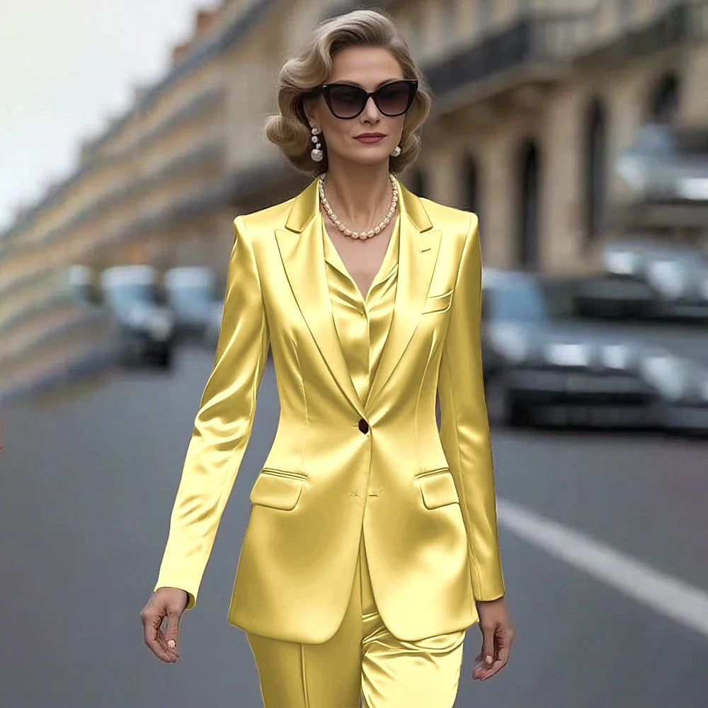 Women's Gold Satin Blazer Suit Set Stylish Single-Breasted Jacket+Pants Luxe Shiny Two-piece for Cocktail Party Wedding Guest