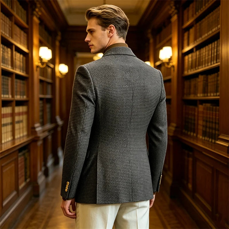 Men's Houndstooth Double Breasted Blazer Vintage Slim Jacket  Fit Formal Business Wedding Party Coat For Men Autumn Winter