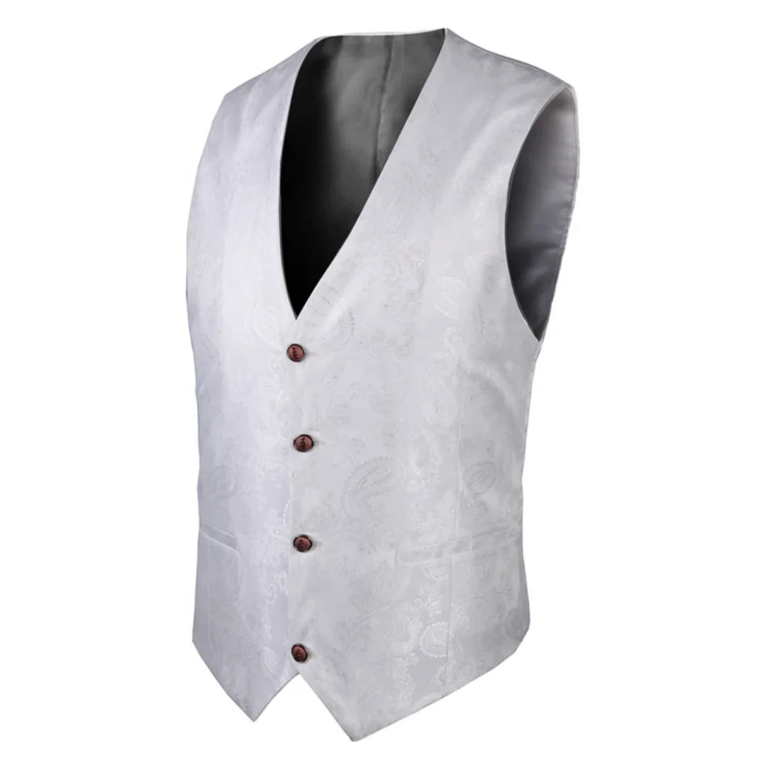 Men's Vest Blue Retro Jacquard Pattern Single Button V-Neck Waistcoat for Wedding & Formal Occasions