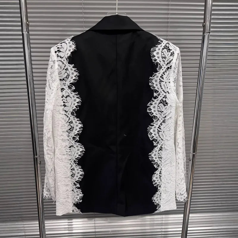 Women Chic Blazer Lace Patchwork Color Block Notched Collar Double Breasted Elegant Trendy Jacker New Spring Autumn HK20168