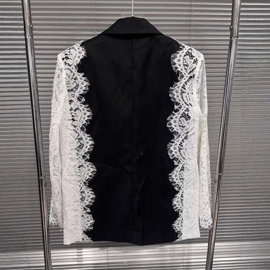 Women Chic Blazer Lace Patchwork Color Block Notched Collar Double Breasted Elegant Trendy Jacker New Spring Autumn HK20168