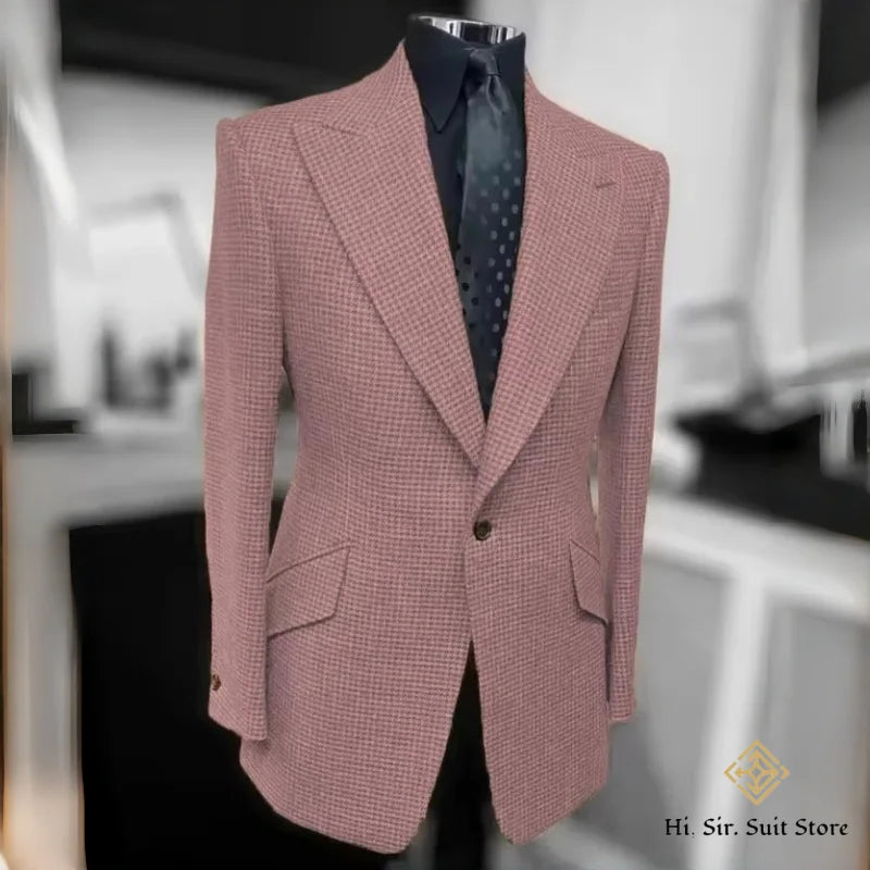 Houndstooth Blazer Men Slim Fit Plaid Suit Jacket Tuxedo One Button Peak Lapel Business Casual Wedding Prom Sport Coats Hot Sale