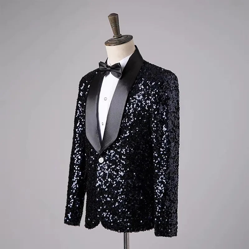 Men's Fashion Slim Fit Sequin Suit Jacket Shawl Formal Lapel Tuxedo Wedding Banquet Host Singer Nightclub Bar Stage Performance