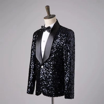 Men's Fashion Slim Fit Sequin Suit Jacket Shawl Formal Lapel Tuxedo Wedding Banquet Host Singer Nightclub Bar Stage Performance