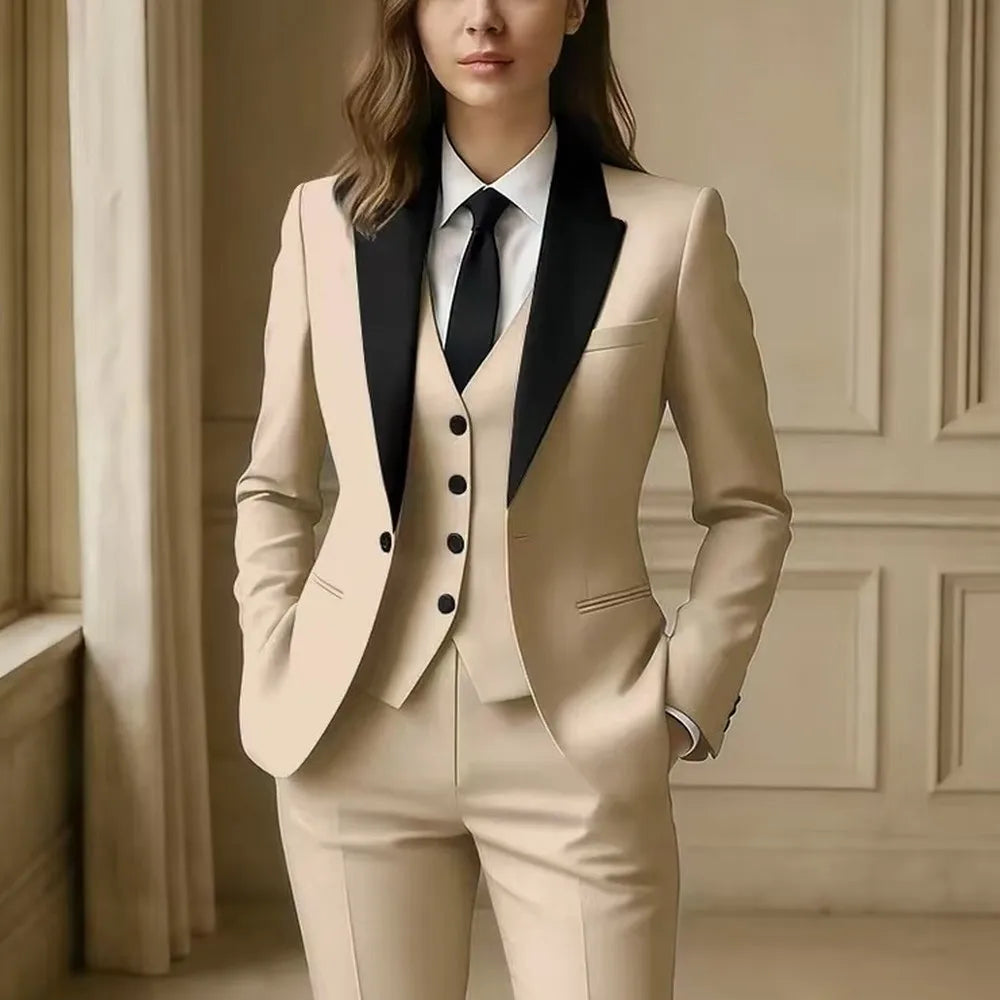 Black Collar Beige Formal Business Women Suit Wedding Party Prom Ladies Mother Girl Tuxedos 3 Piece Set Blazer Vest Pants