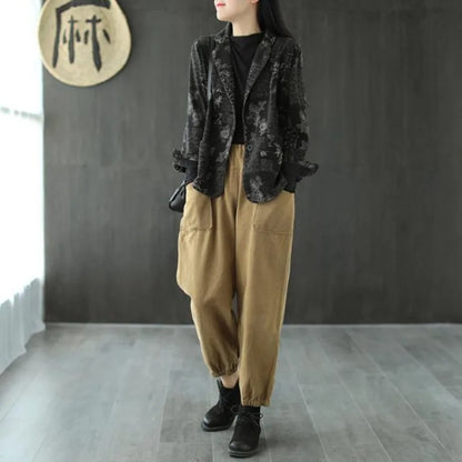 Women's Retro Chinese Style Denim Jacket Bamboo Flower Print Casual Loose Single Breasted Jean Blazer Women Vintage Outerwear