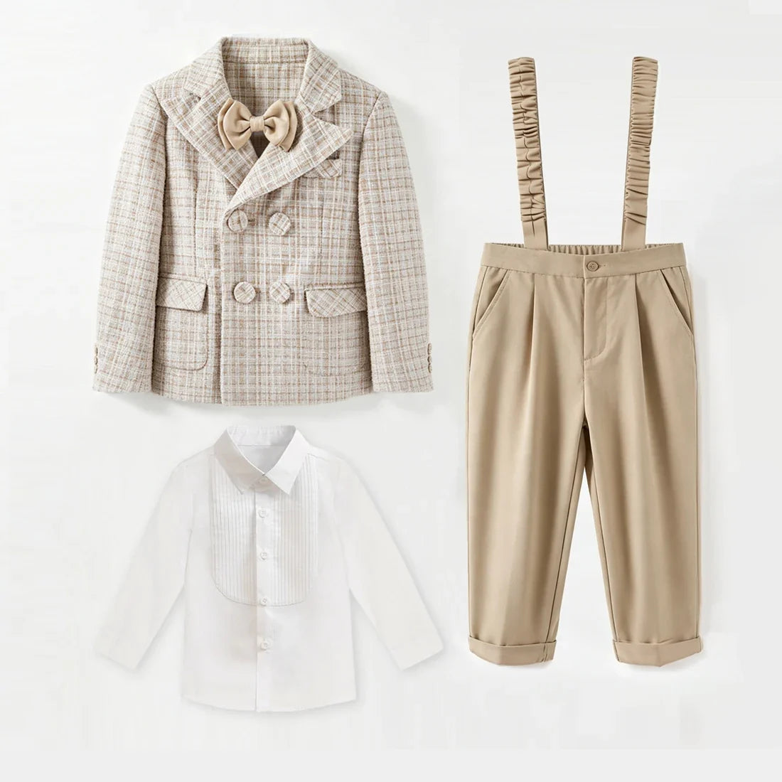 Baby Boys Gentleman Tweed Suit Set Kids Flower Boy Wedding Formal Wear Double Breasted Blazer Khaki Pants Bow Tie Birthday Party
