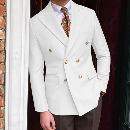 Men's Brown Serge Blazer Double Breasted Peak Lapel Gold Button Slim Fit British Style Fashion Suit Jacket Formal Business Casua