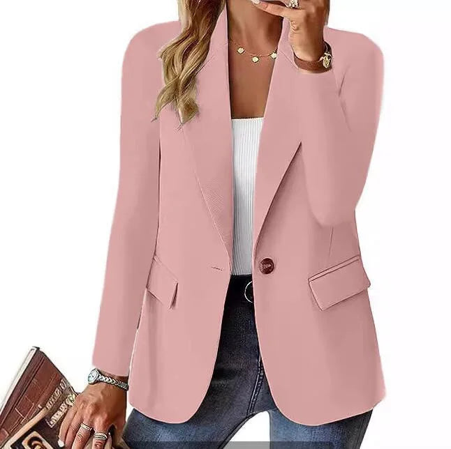 Women's Solid Color Single Button Blazer Autumn Long Sleeve Lapel Office Jacket Slim Fit Casual Workwear with Front Pockets