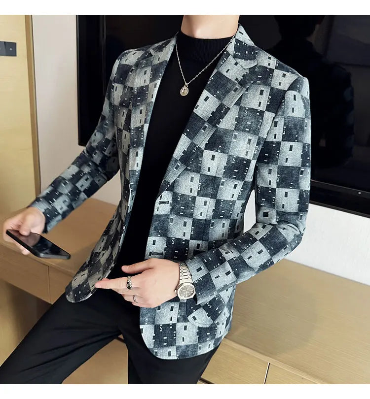 New High Qualitys Denim Jacquard Suit Jacket Men Slim Fit Business Social Formal Social Suit Coats Tailcoats Men Clothes 4XL-M
