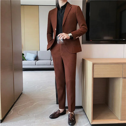 2025 New Waffle Blazers +Pant 2 Piece Set Men Fashion Business Slim Fit Solid Tuxedo Groom Wedding Prom Wear Casual Men's Sets