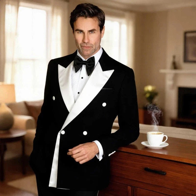 Men's Wedding Formal Suit Blazer Slim Fit Business Double Breasted Jacket Black British Style Tuxedo Dinner Party Prom Suit Coat