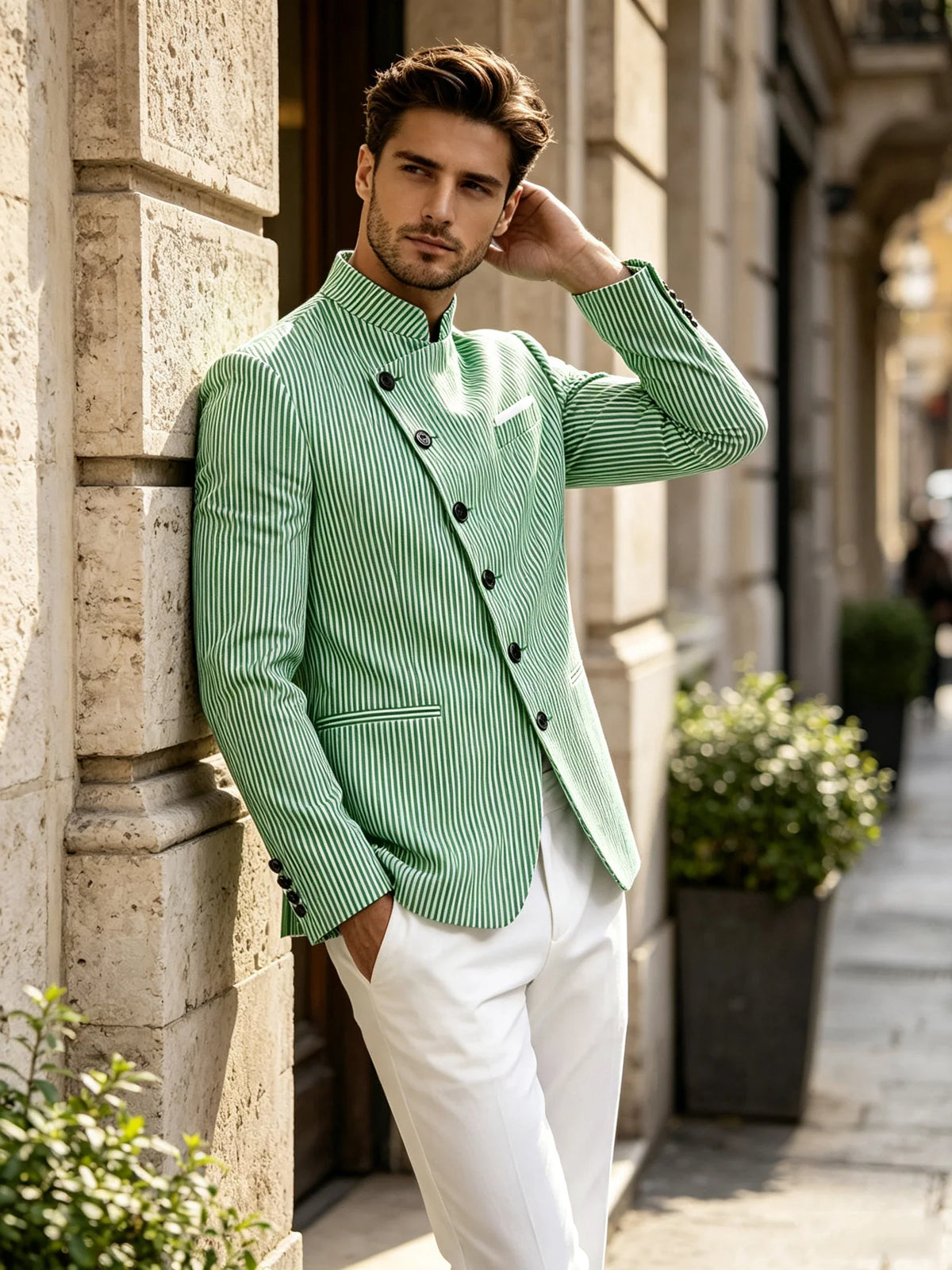 Men Mandarin Collar Suit Jacket Stand Collar Asymmetrical Single Breasted Men Blazer Slim Fit Business Formal Coat For Business