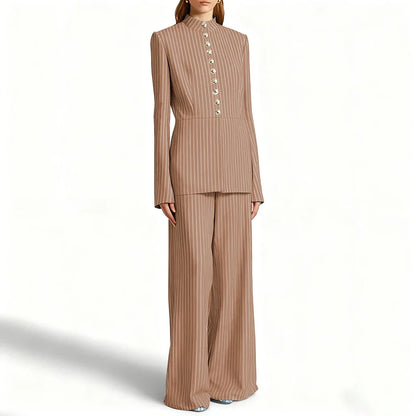 Elegant Women's Suits Pinstripe Two-piece(Jacket+Pants) Set with Stand Collar Gold Single Breasted Business Office Lady Outfit