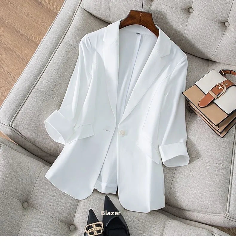 Spring Summer New Style Korean Version Silk Fashion Small Suit Jacket Women Thin Sleeve Seven Button Slim Fit Western Wear