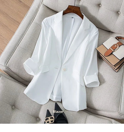 Spring Summer New Style Korean Version Silk Fashion Small Suit Jacket Women Thin Sleeve Seven Button Slim Fit Western Wear