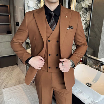 Men's 3 Piece Slim Fit Business Suit Groom Tuxedo With Double Breasted Blazer Vest And Pants For Wedding Party