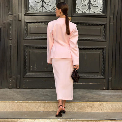 Fairy Pink Women's Suits Elegant Single Breasted Stand Lapel Blazer With Dress Fashion Evening 2 Piece Jacket Skirts Outfits