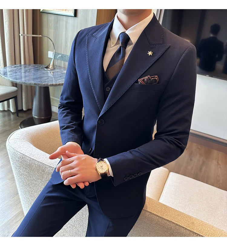 (Blazer + Vest + Trousers) 2024 New Men Formal Business Solid Suit 3 Pieces Set Italian Style Luxury Wedding Social Party Tuxedo