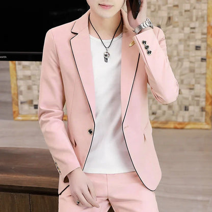 Men's Slim Fit Korean Style Two-Piece Suit Set – Smart Casual Polyester Suit for All Seasons