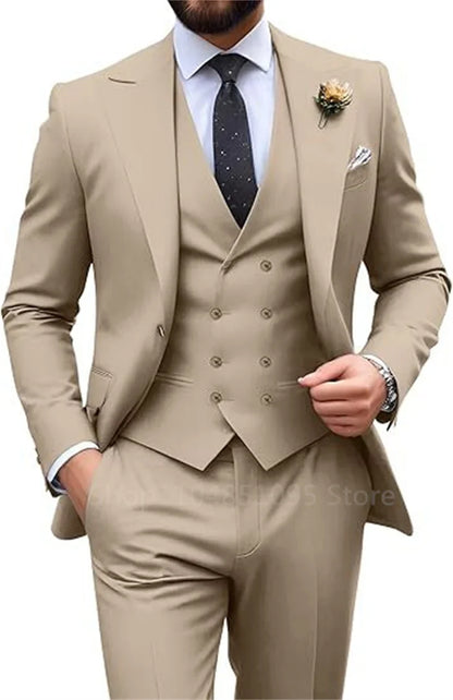 Costume de mariage beige 3 pièces pour homme, coupe slim, blazer, gilet et pantalon élégants, pour bal de promo ou cérémonie