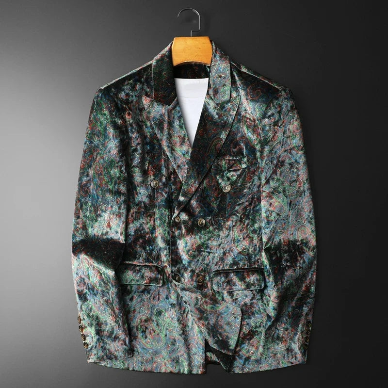 Korean Velvet Printed Suit Jacket for Men Double-breasted Social Business Jacket High Quality Casual Banquet Party Jacket 2025