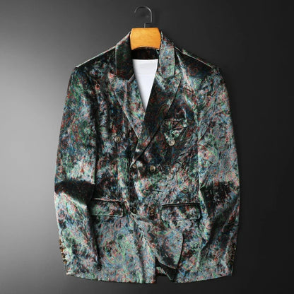 Korean Velvet Printed Suit Jacket for Men Double-breasted Social Business Jacket High Quality Casual Banquet Party Jacket 2025