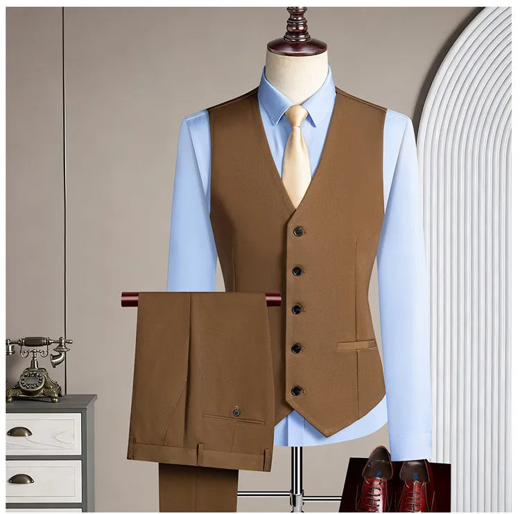 High-quality men's casual business suit for weddings featuring a wide gun pleat collar. One-button suit set in three pieces