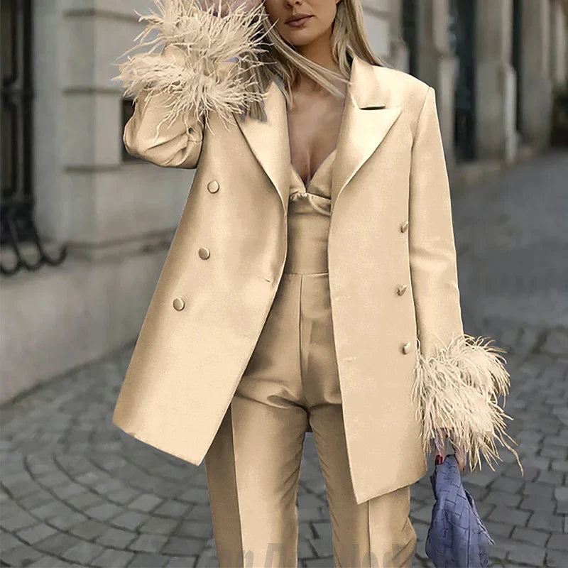 Classic Satin Women's Suit Set 2 Piece Exquisite Feather Double Breasted Jacket With Pants Evening Party Luxury Trouser Suits