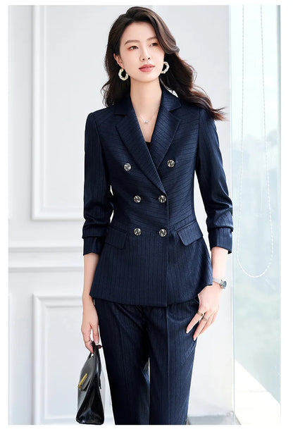 High Quality Women Navy Blue Green Pant Suit Female Button Decoration Blazer and Trouser 2 Piece Set For Office Ladies Work Wear