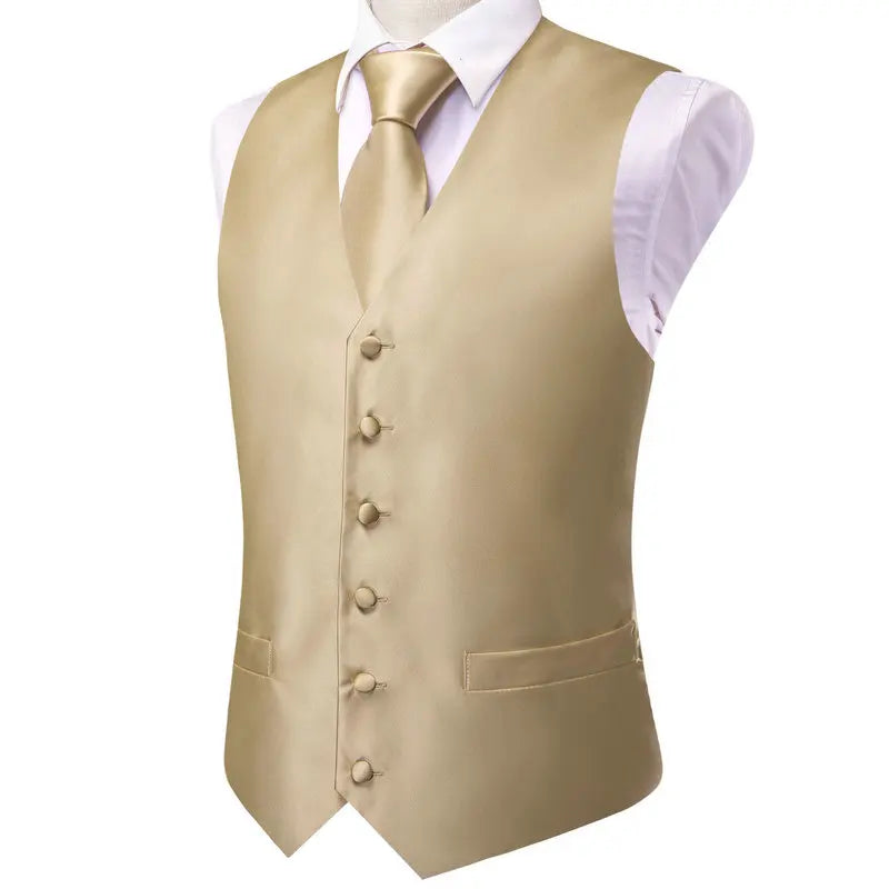 Men's Vest Double Breasted Satin V-Neck Waistcoat with Tie and Pocket Square 3-Piece Set for Weddings and Formal Events