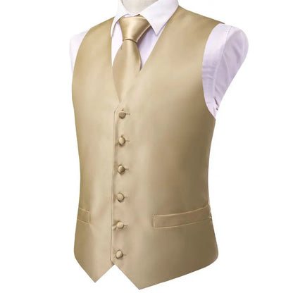Men's Vest Double Breasted Satin V-Neck Waistcoat with Tie and Pocket Square 3-Piece Set for Weddings and Formal Events