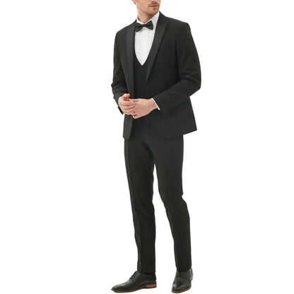 Men Suit Black 3 Pieces Single Button With Bright Lapel For Wedding Groom Party Birthday Banquet Business Work Jacket Vest Pants