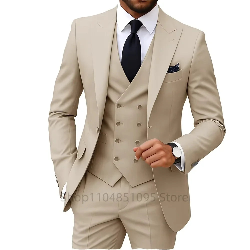 Solid Color Fashion Men Formal Business Suits Wedding Suit Slim Fit Groom Tuxedos 3 Pcs Set Dress Peak Lapel Blazer Vest Pants
