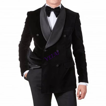 Men's double-breasted suit jacket - Black velvet coat suitable for weddings - Long-sleeved lapel business formal event