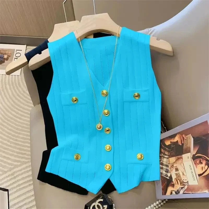 Fashion Women Knitted Vests Jacket Single Metal Button Design Sleeveless Tops 2025 New Spring Summer Casual Thin Sweater Female