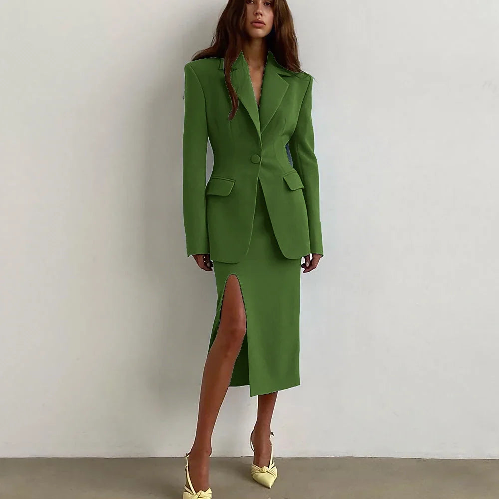 Professional Women's Single Button Notch Lapel Blazer Suit Side Slit Midi Skirt Set Elegant Party Office Fashion 2Piece Outfit