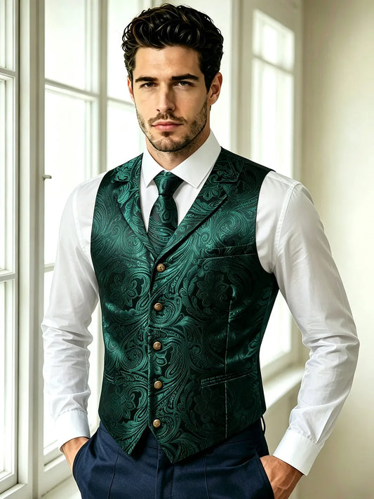 Men's Jacquard Paisley Vest Waistcoat with Tie Set – Notched Lapel, Single Breasted, Wedding & Formal Occasions