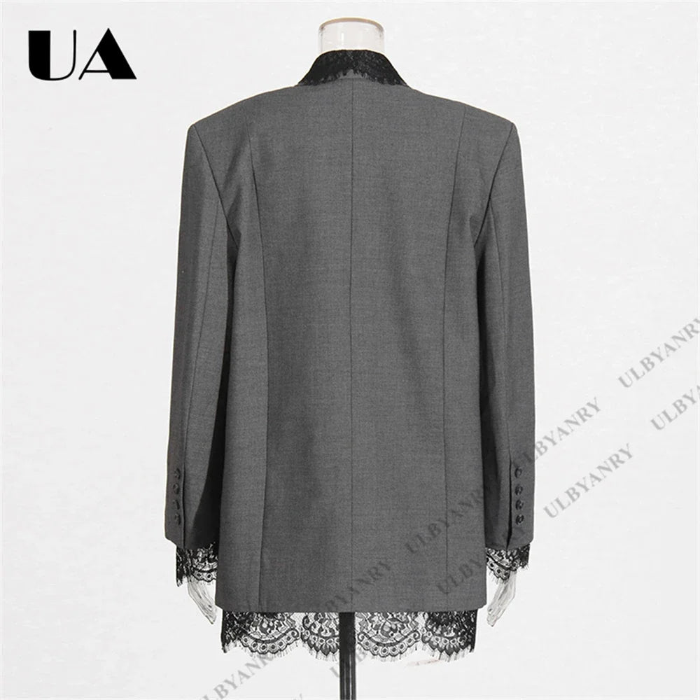Women’s Grey Blazer with Black Lace Trim Elegant Notched Lapel Cuffs & Hem Jacket Single-Breasted Office Wear