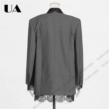 Women’s Grey Blazer with Black Lace Trim Elegant Notched Lapel Cuffs & Hem Jacket Single-Breasted Office Wear