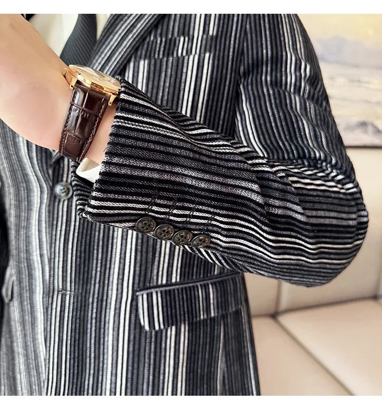 High Quality Plush Striped Fashion casual Suit Jacket Autumn Winter New Men Slim Fit Business Formal Social Prom Party Tuxedos