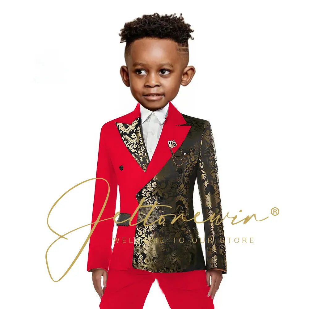 Black And Gold Floral Wedding Boys Suit Double Breasted Formal Kids Blazer Set Party Dress Child Tuxedo Jacket Pants 2 Piece Set