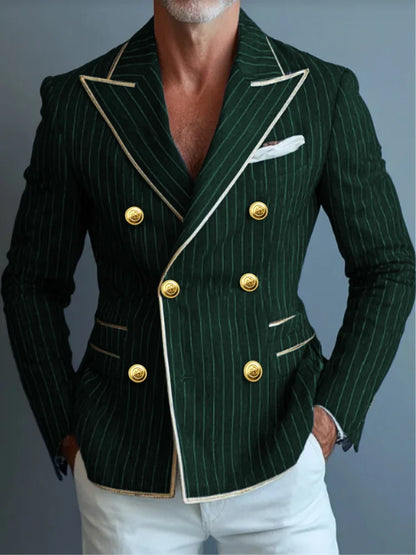 Business Fashion Suit Jacket Striped Suit Jacket with Double Row Metal Buckles Blue Blazer Striped Jacket Man Top Man Coat