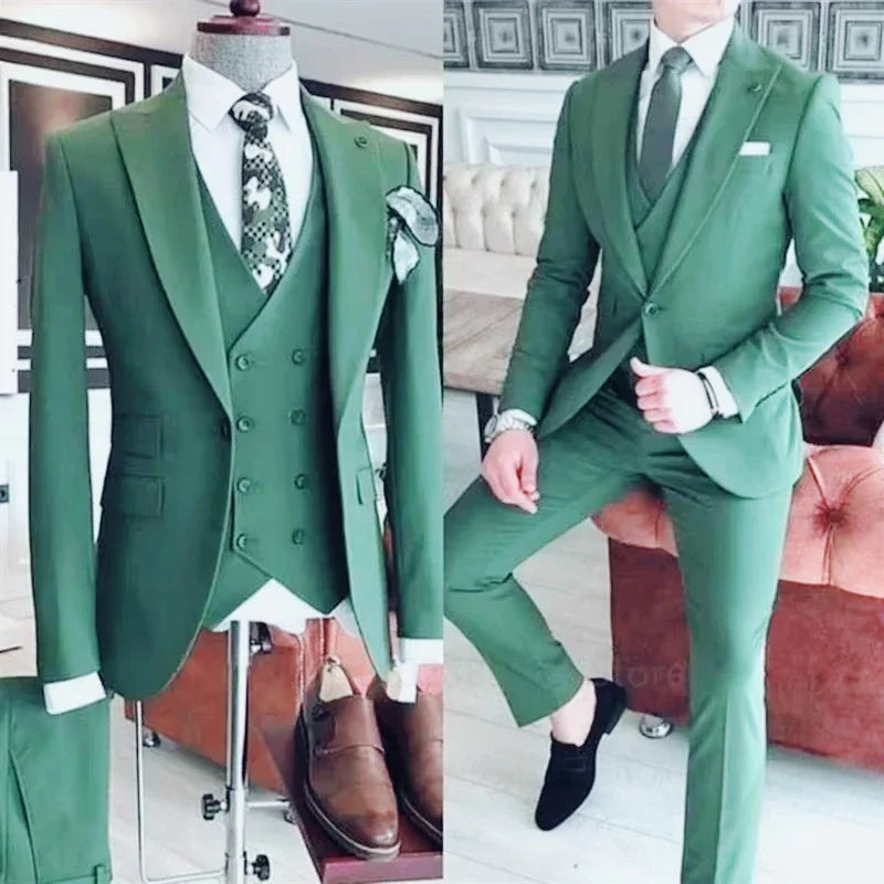 Formal Green Men's 3 Piece Suits Slim Fit Groomsmen Tuxedos Formal Wedding/Business Men Suits Jacket+Vest+Trousers for Party