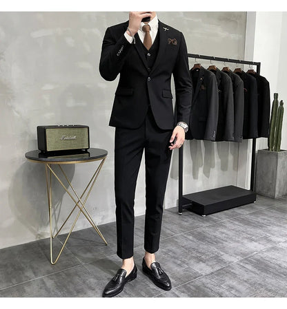 (Jacket +Vest+Pants) Plus Size 7XL-S Men Korean Slim Fit Groom Wedding Business Casual Tuxedo Mens Work Social Suit 3 Pieces