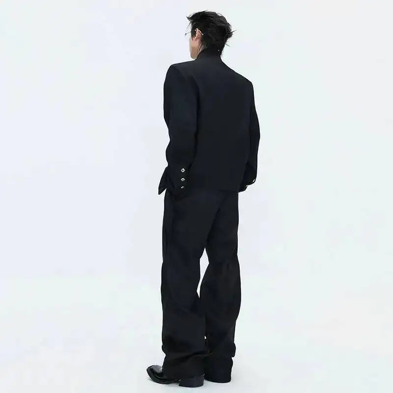 2026 Spring Patchwork Design Cross Collar Solid Color Casual Jacket Men Fashion Elegant Temperament Straight Pants JY6553